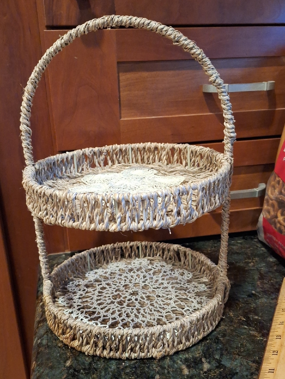 Two-Tier Woven Decorative Stand - Natural Beige With Vintage Doilies